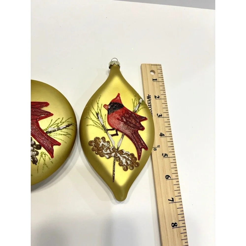 Vtg Christmas Ornaments Glass Red CARDINAL Bird Gold Handpainted Set Christmas